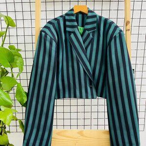 Green Black Stripe Cropped Blazer Oversized Jacket 💚